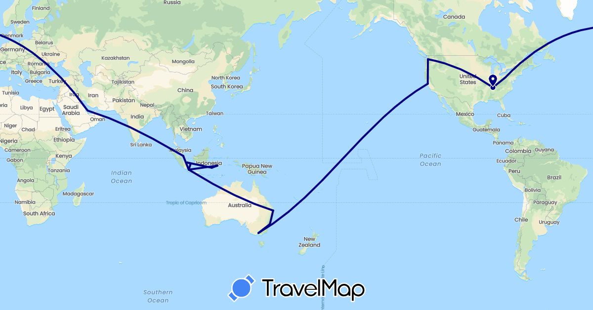 TravelMap itinerary: driving in Australia, Indonesia, Qatar, Singapore, United States (Asia, North America, Oceania)
